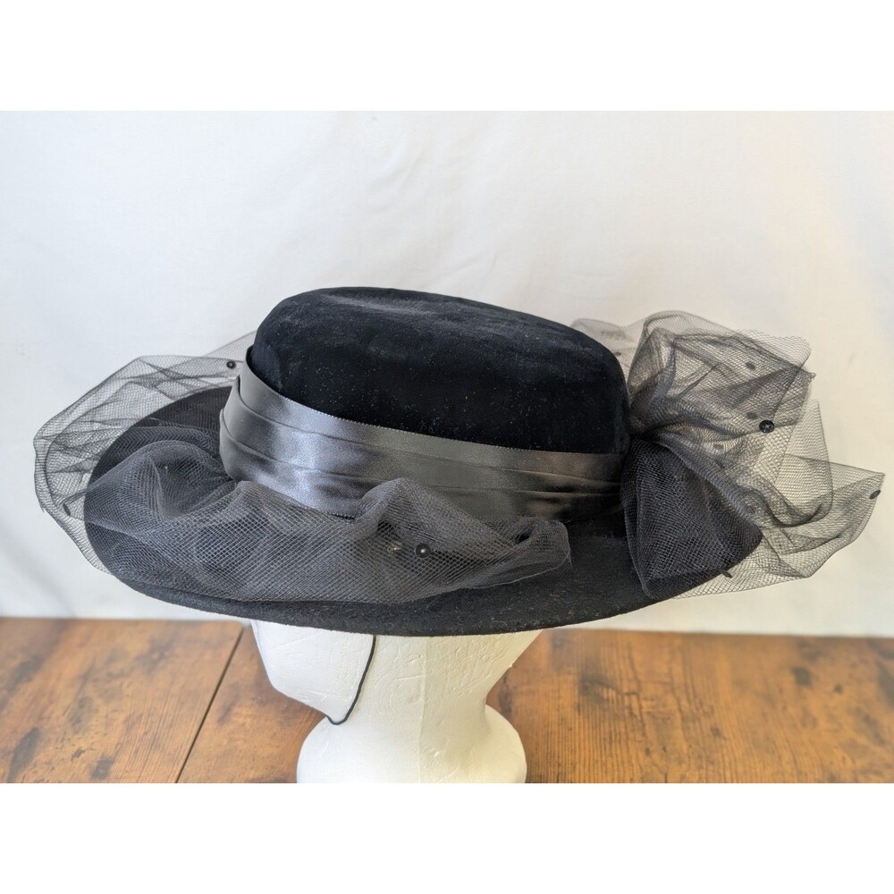 VTG Plaza Suite Betmar Black Wool Wide Brim Picture Hat Velvet Bow Netting...
